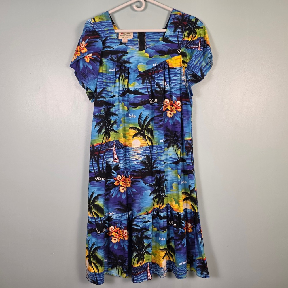 Royal Hawaiian Creations Muumuu Dress Womens Medium Blue Tropical Cotton Pockets